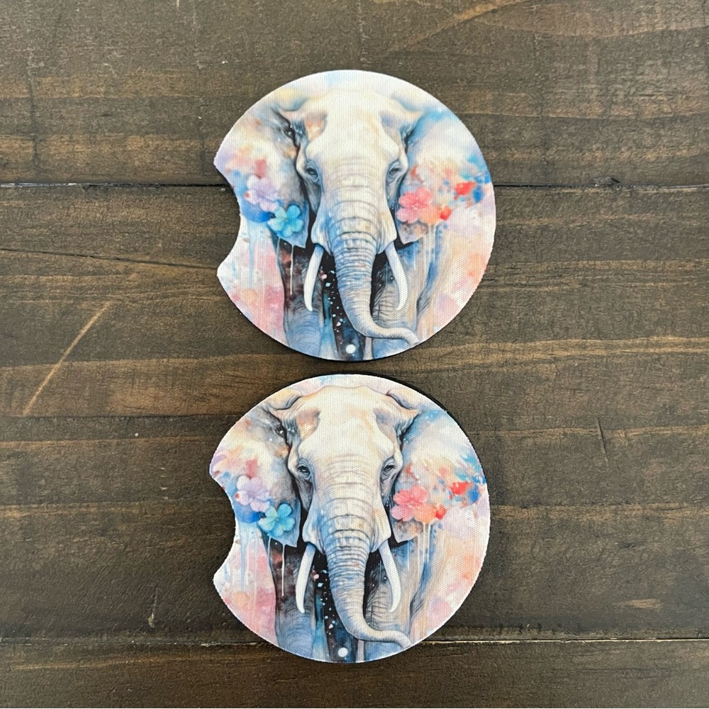 Elephant Car Coasters with Watercolor Flowers-Set of 2